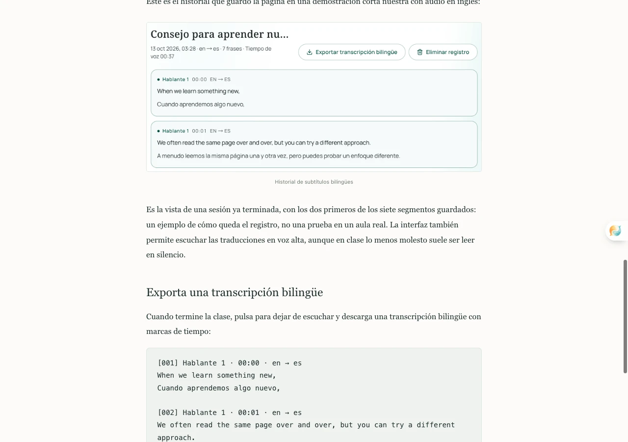Subtítulos bilingües y registro de la transcripción en el historial de la charla breve sobre técnicas de aprendizaje en equipo (resultado en español del mismo ejemplo)