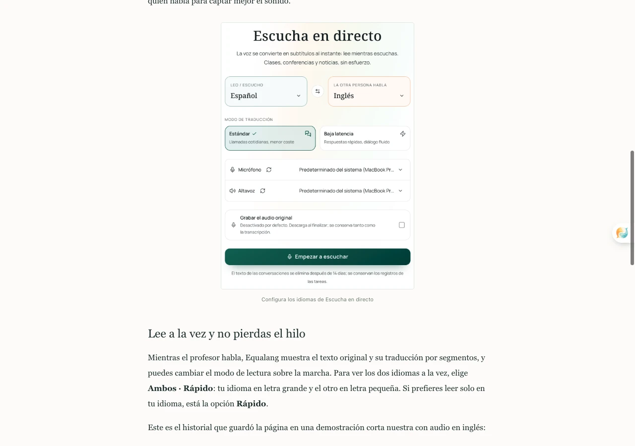 Pantalla de configuración de traducción de voz en tiempo real de Equalang (resultado en español del mismo ejemplo)