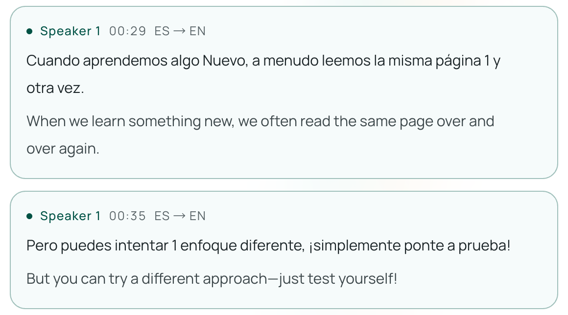 Live listening history from a test with a short Spanish talk: each Spanish sentence with its translation and a timestamp