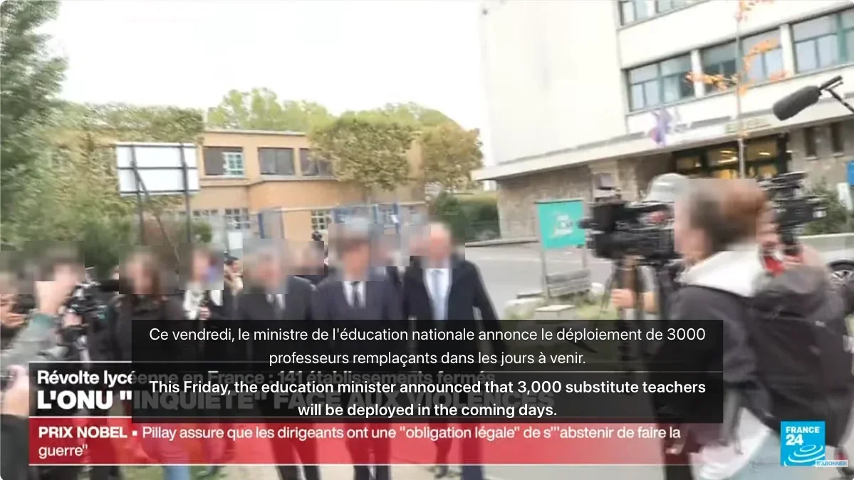 A FRANCE 24 Français YouTube live stream without native captions, with real-time French transcription and English translation displayed below