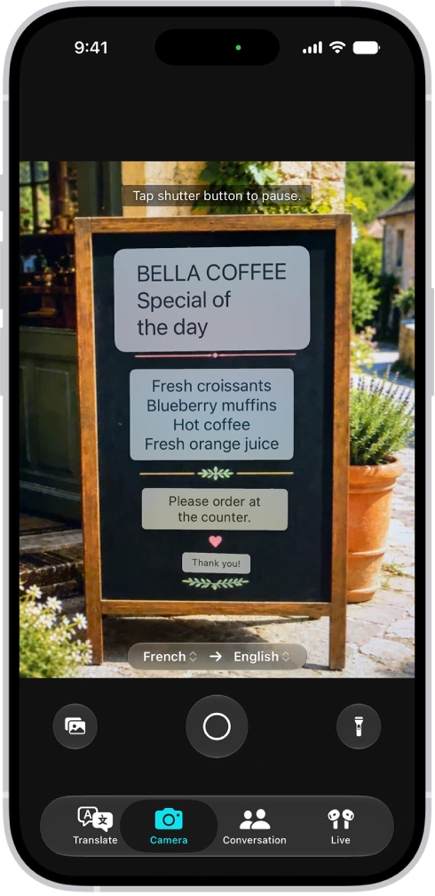 Apple Translate camera viewfinder interface