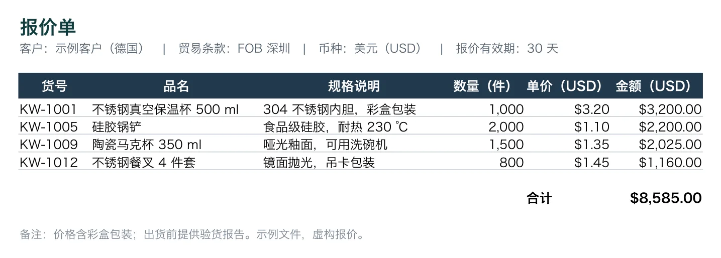 中文报价单原件截图