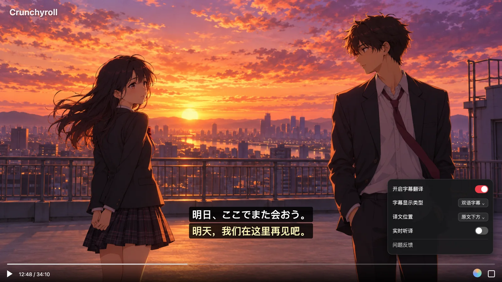 Crunchyroll 双语字幕与控制面板示意图