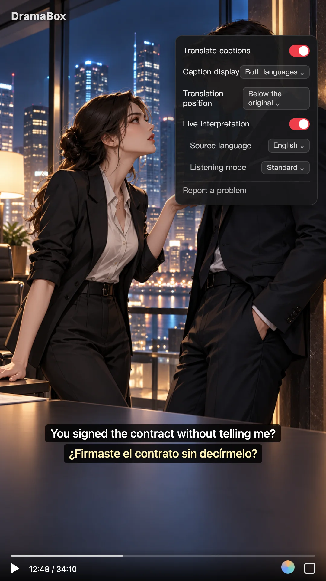 Illustration de sous-titres bilingues sur une série courte verticale DramaBox affichant la réplique originale en anglais avec une traduction en espagnol