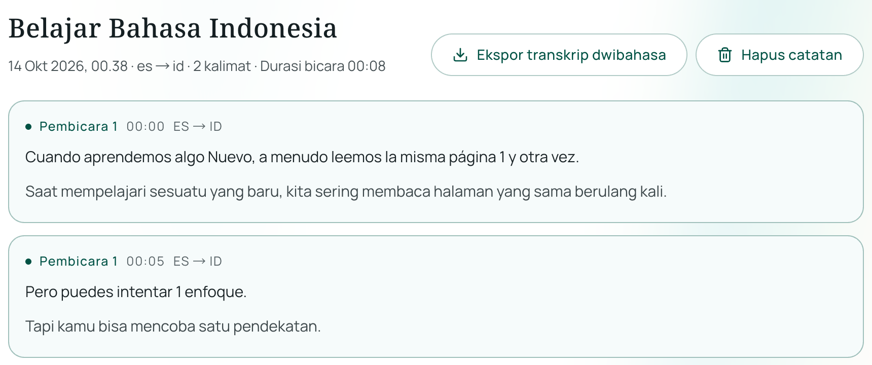 Riwayat sesi dengan subtitel dwibahasa