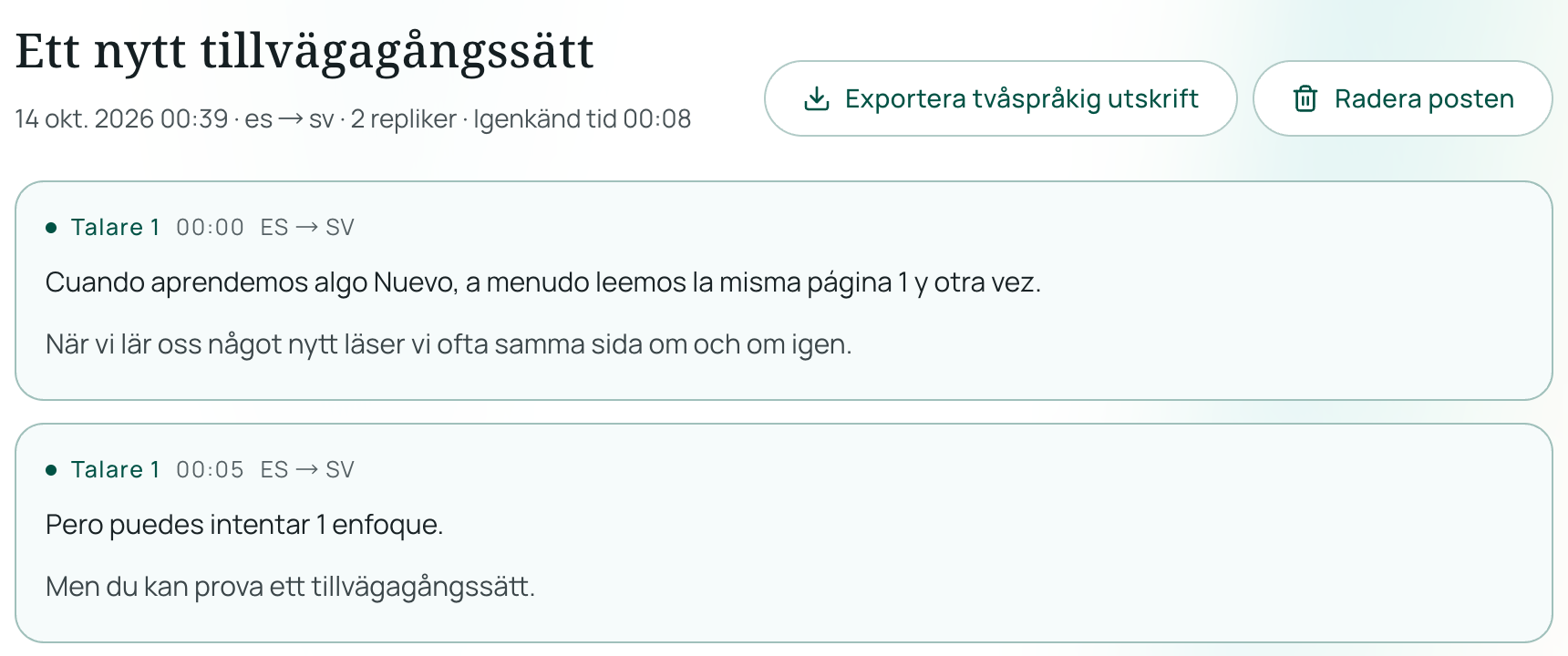 Sessionshistorik med tvåspråkiga undertexter