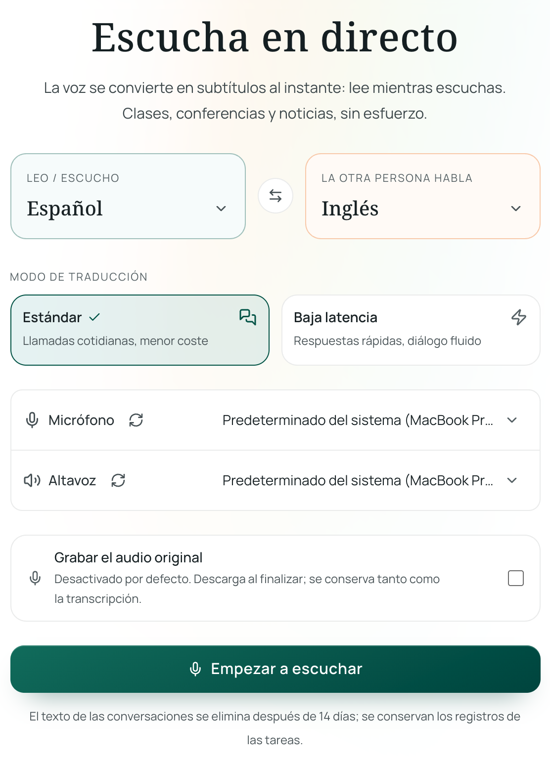 Configura los idiomas de Escucha en directo