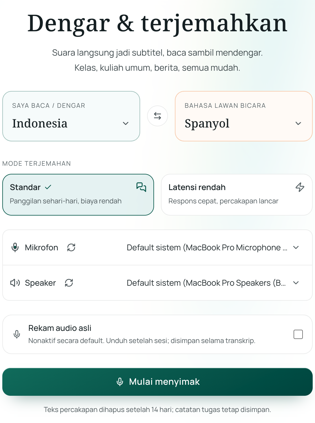 Mengatur bahasa untuk dengar dan terjemahkan