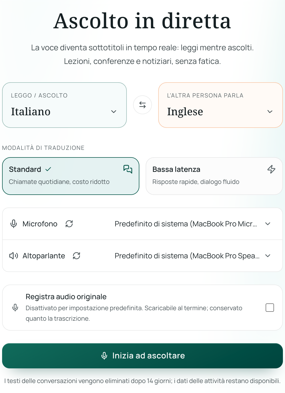 Configurare le lingue per l'ascolto in diretta