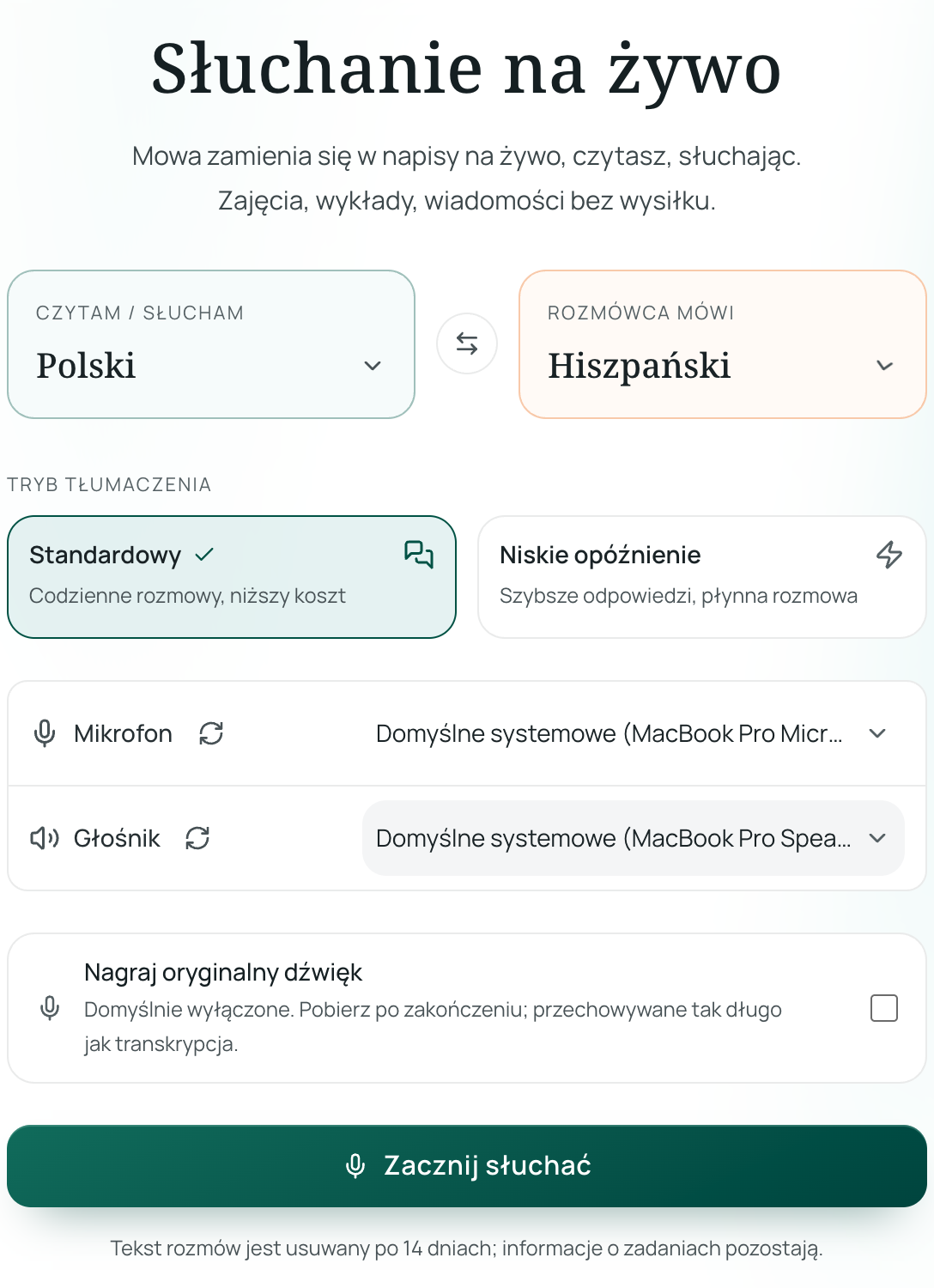 Ustawianie języków słuchania na żywo