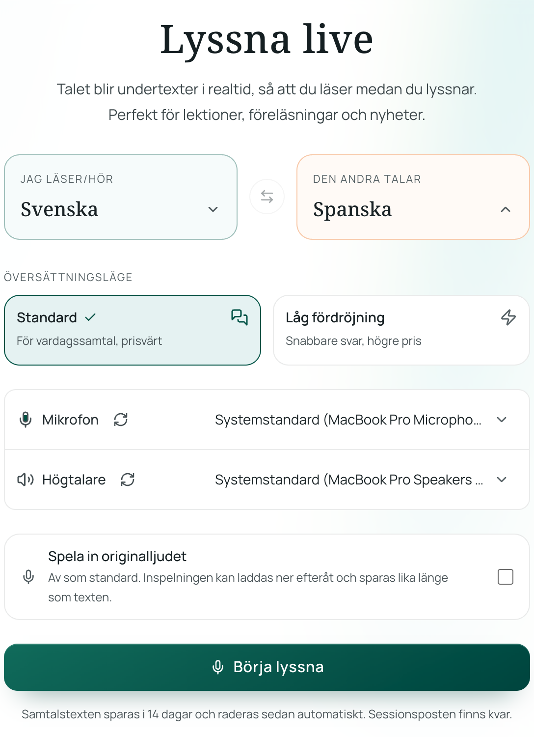 Ställ in språk för Lyssna live