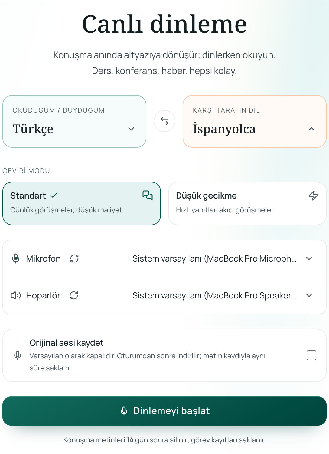 Canlı dinleme dillerini ayarlama