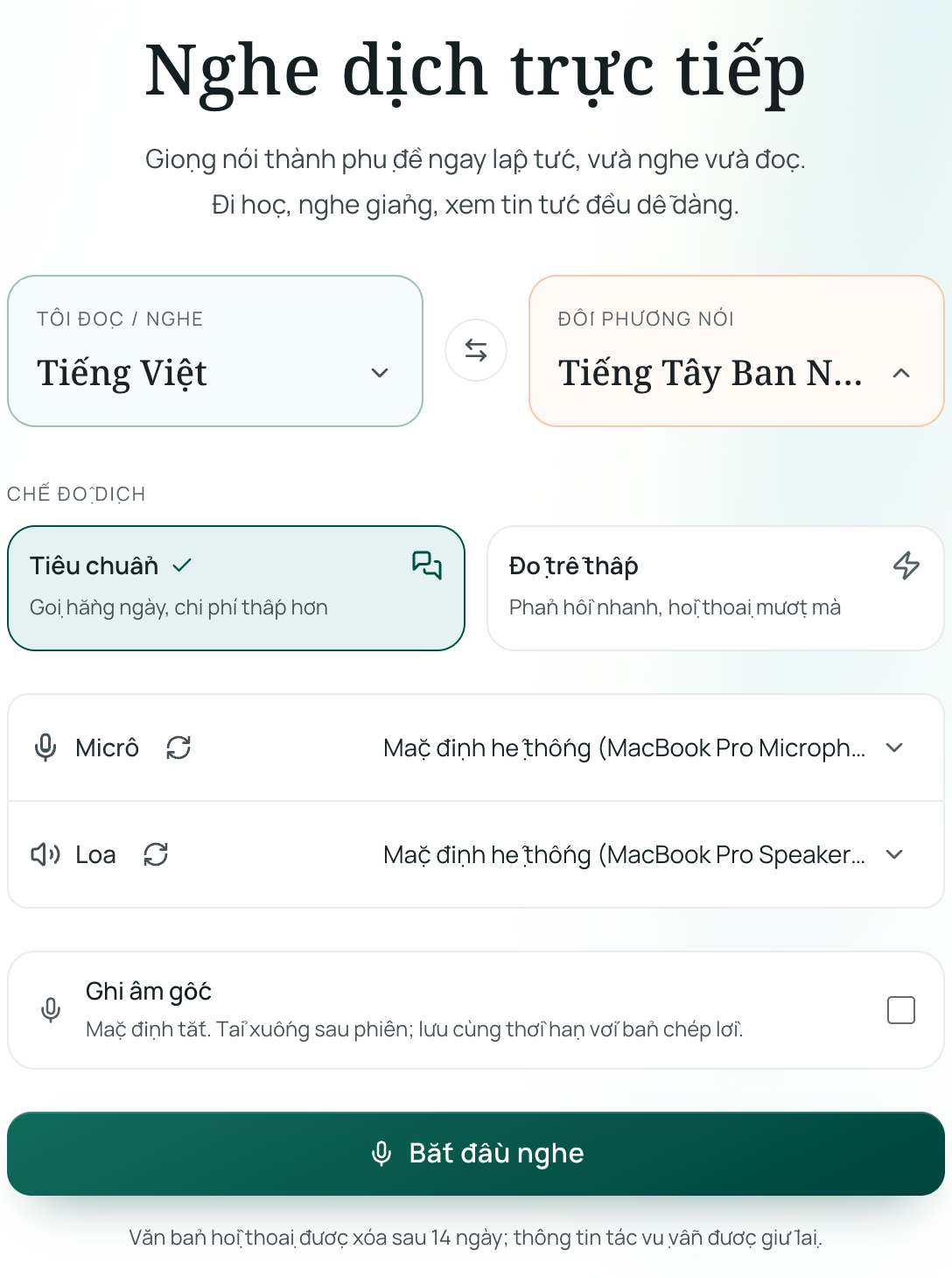 Thiết lập ngôn ngữ nghe dịch trực tiếp
