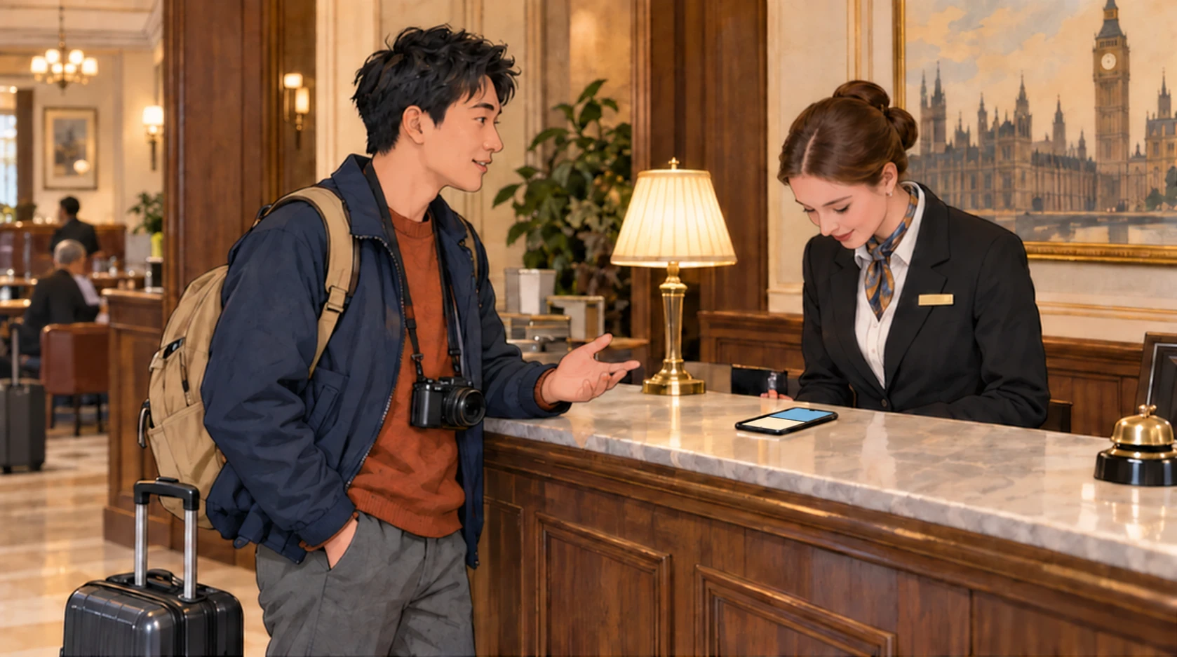 Chen communicates with hotel reception with phone lying flat on the counter