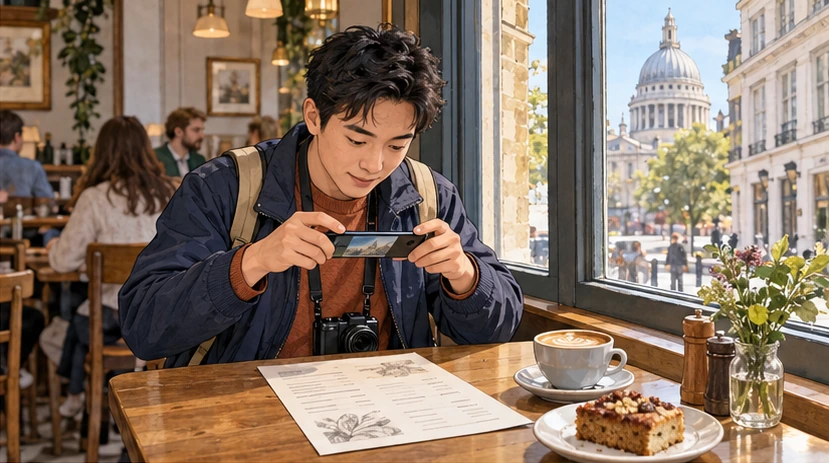 Chen photographs an English café menu at a rustic table