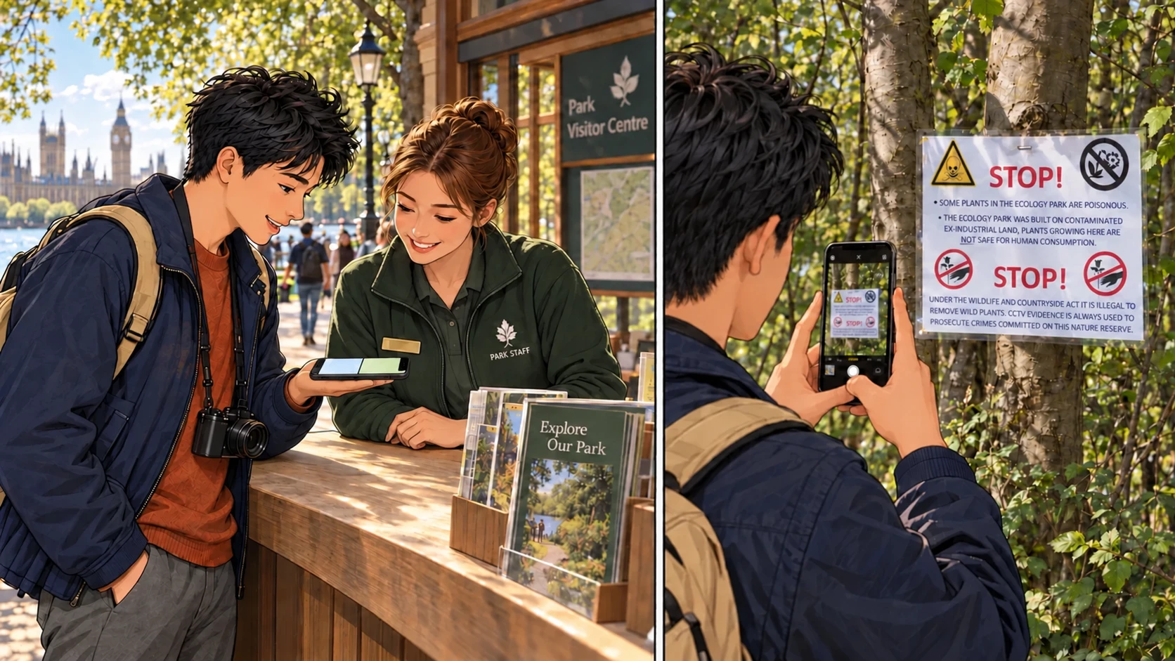 Chen asks for directions and checks a park warning sign