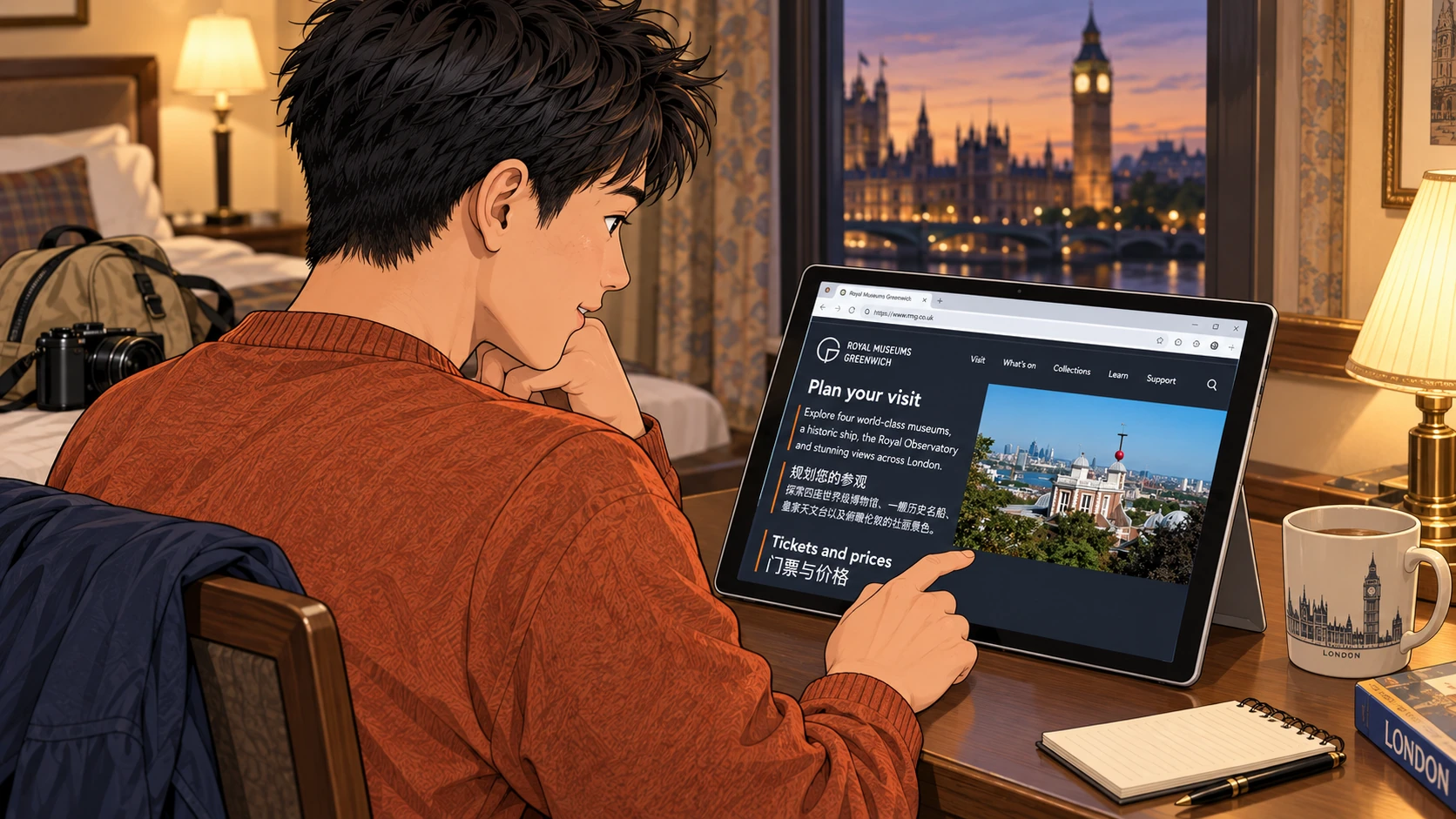 Chen plans tomorrow's itinerary on a Windows tablet in his lodging