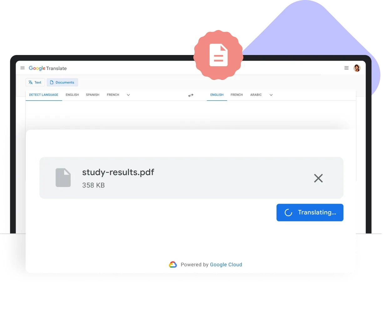 Google Translate desktop document translation interface