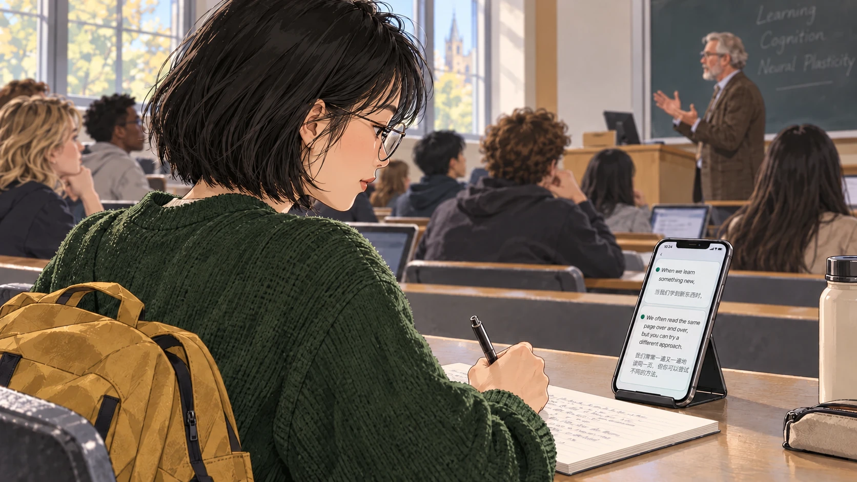 Illustration: Lin sits in a tiered lecture hall with her phone angled on a small stand
