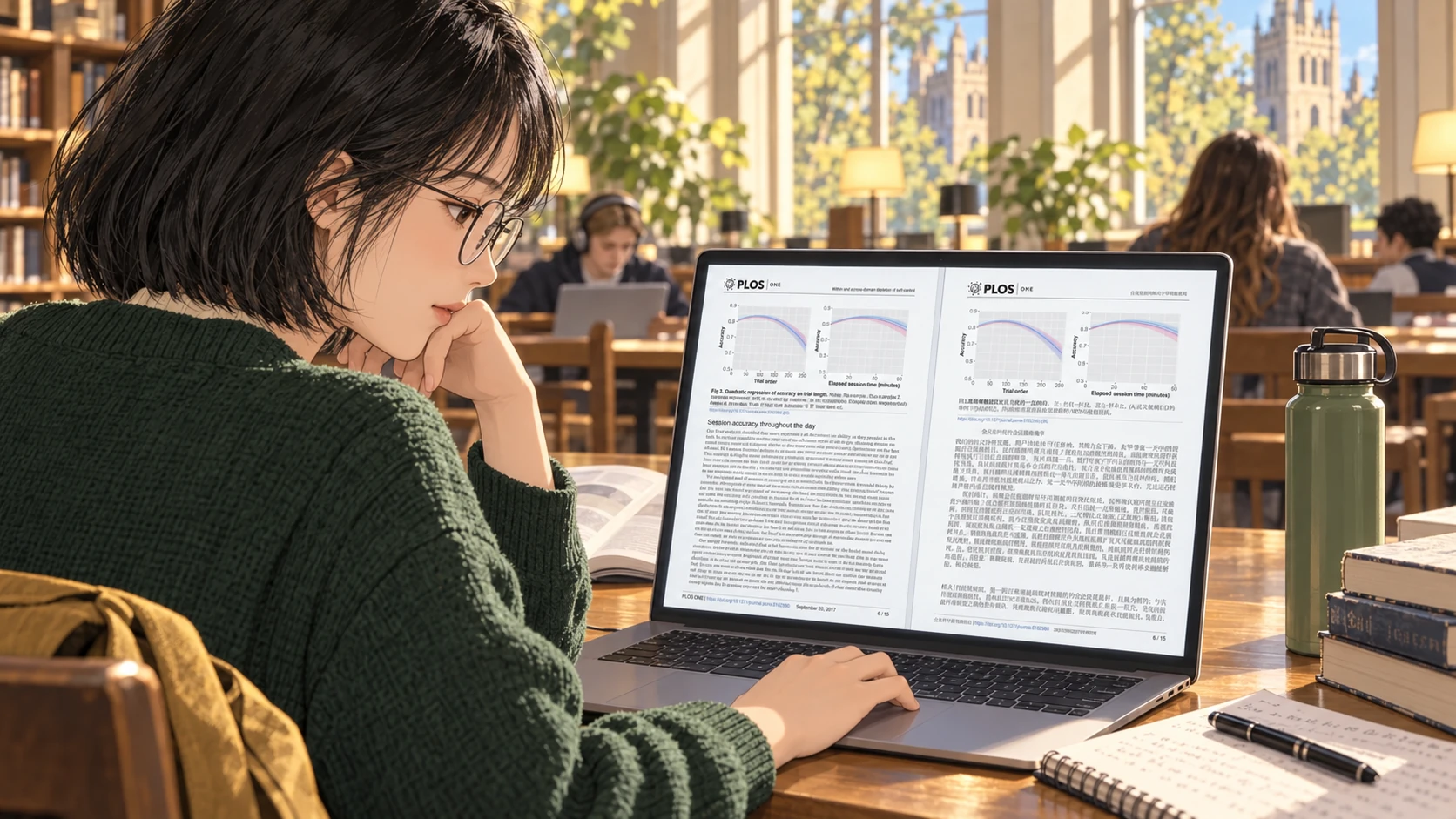 Illustration: Lin studies a research paper at a library table, her laptop screen displaying original English and translated Chinese side by side