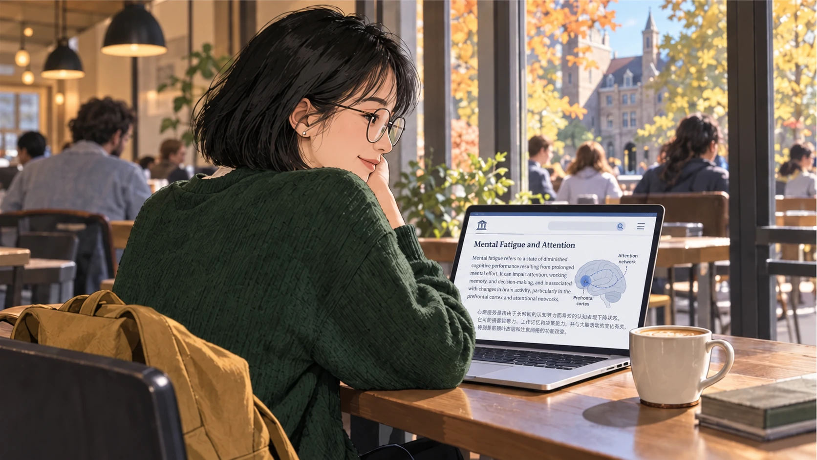 Illustration: Lin uses her laptop at a café table reading an English academic webpage on mental fatigue