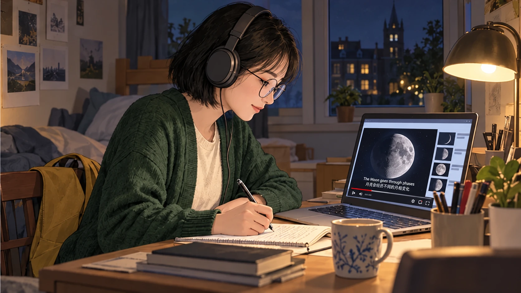 Illustration: Lin wearing headphones in her dorm room at night watching a science video on moon phases