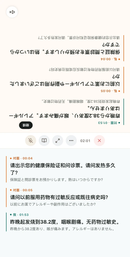 Illustration av Equalangs tvåvägstolkning i realtid, med japansk personal som frågar om hälsodeklaration och patient som beskriver feber och halsont på kinesiska