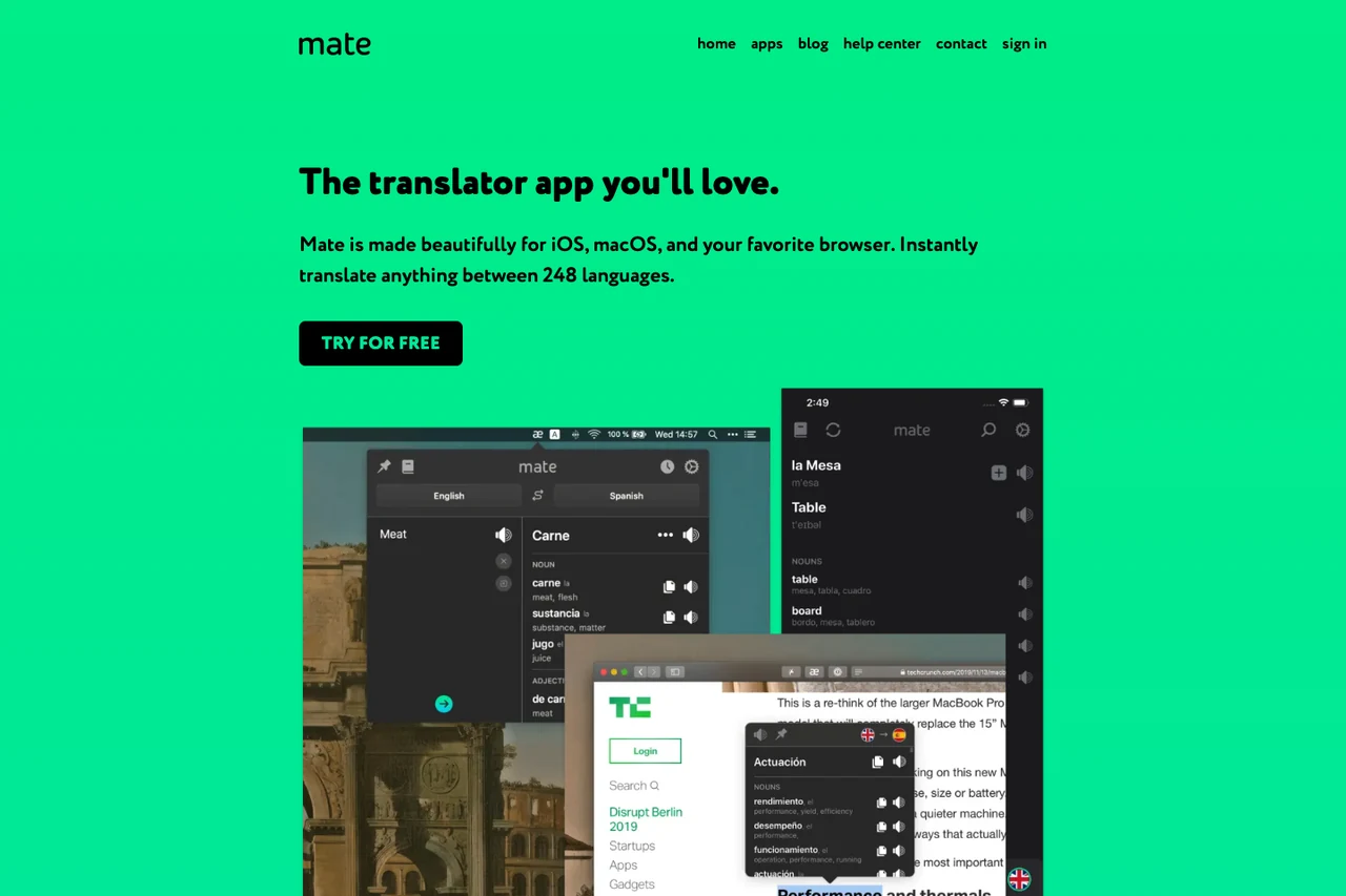 Mate Translate official product page featuring menu bar access, browser popups, and phrasebook management