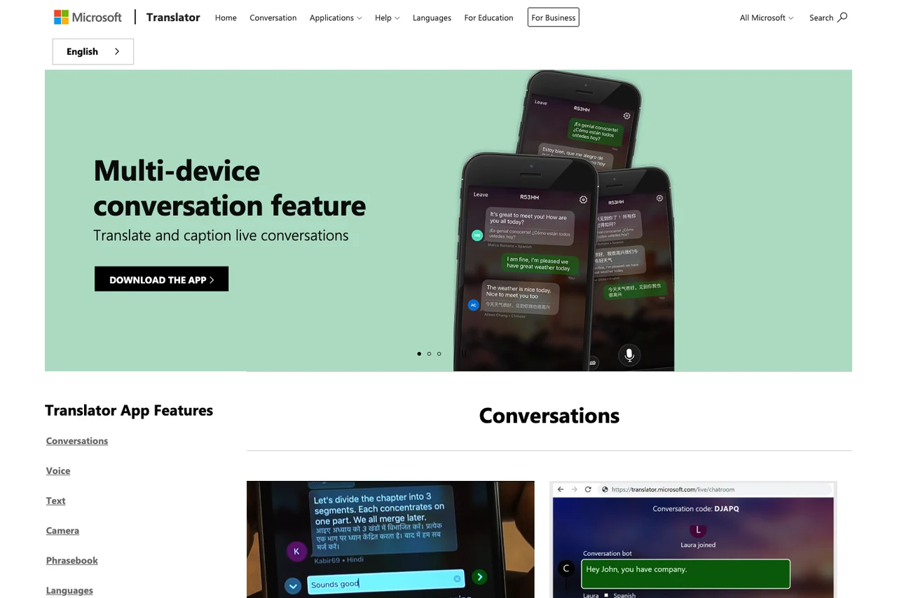 Microsoft Translator official feature overview page