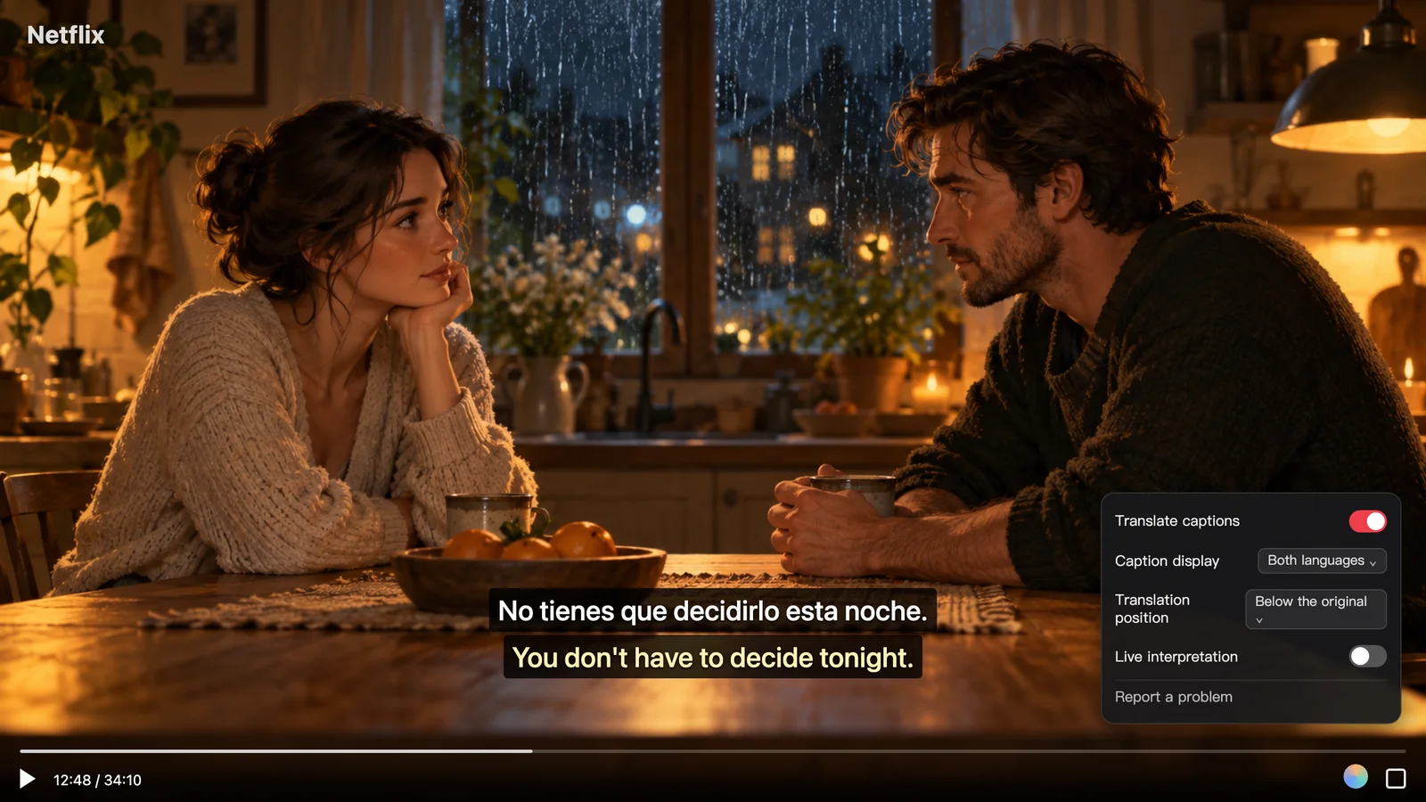 رسم توضيحي للترجمة المزدوجة ولوحة التحكم على Netflix