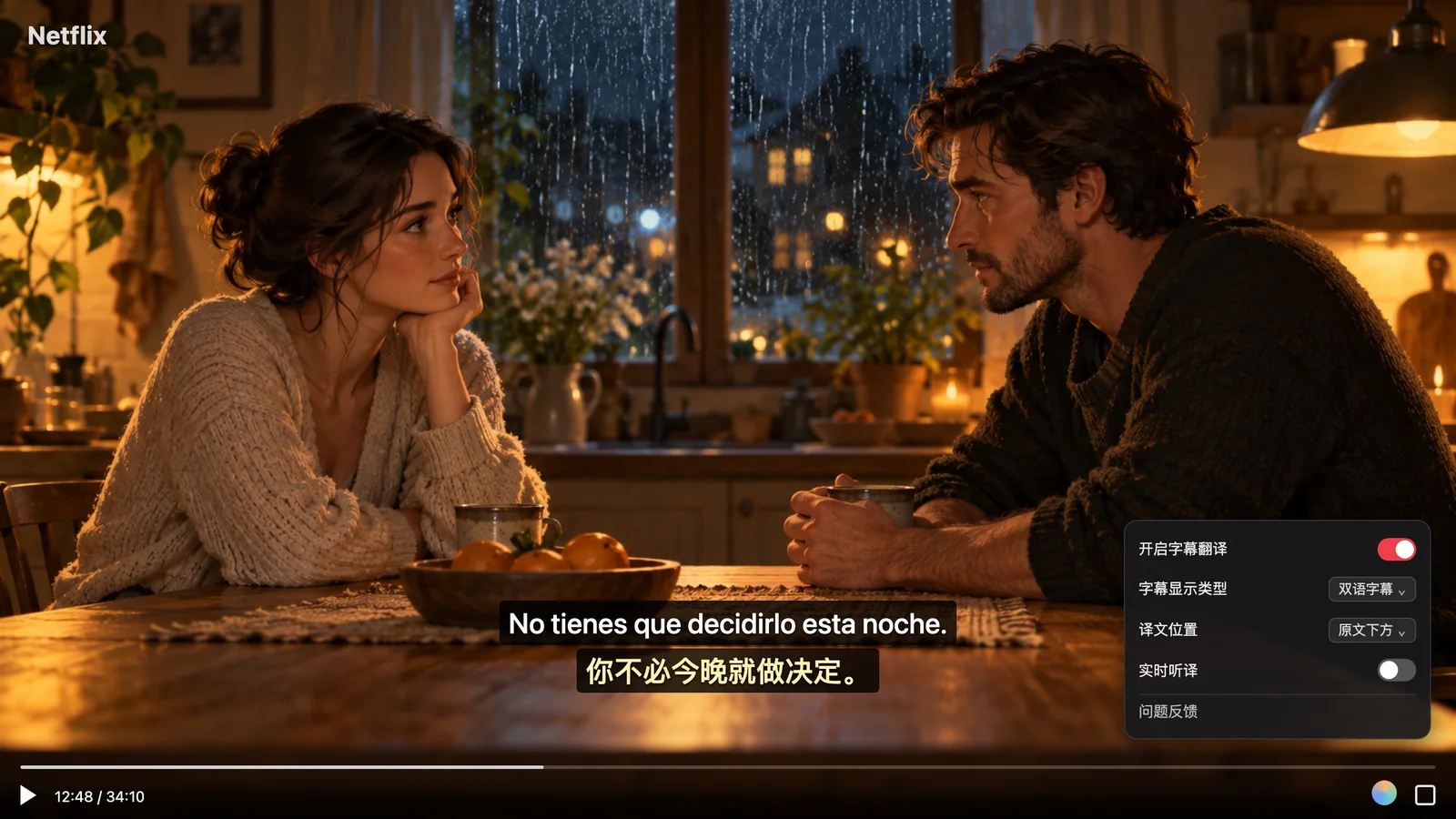 Netflix 剧集双语字幕与控制面板示意图