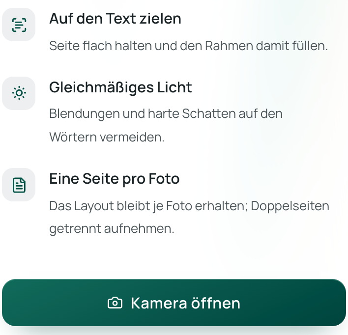 Die Schaltfläche „Kamera öffnen“ und die Fototipps auf der mobilen Seite von Equalang