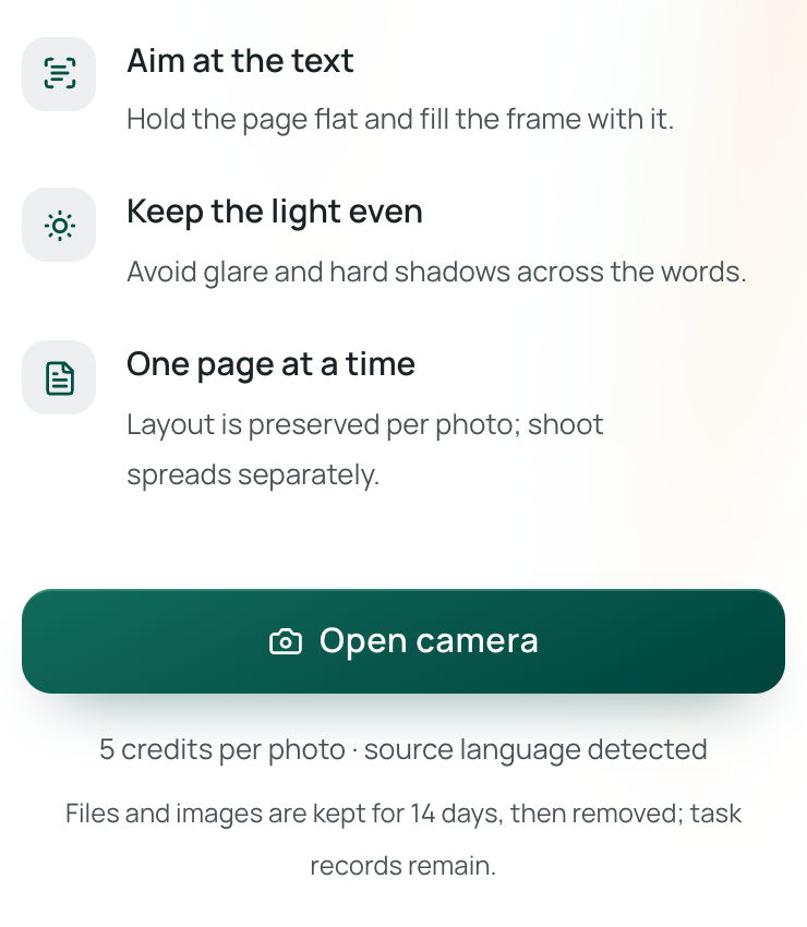 The Open camera button and photo tips on Equalang’s mobile page