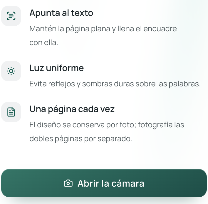 El botón «Abrir la cámara» y las recomendaciones para la foto en la página móvil de Equalang