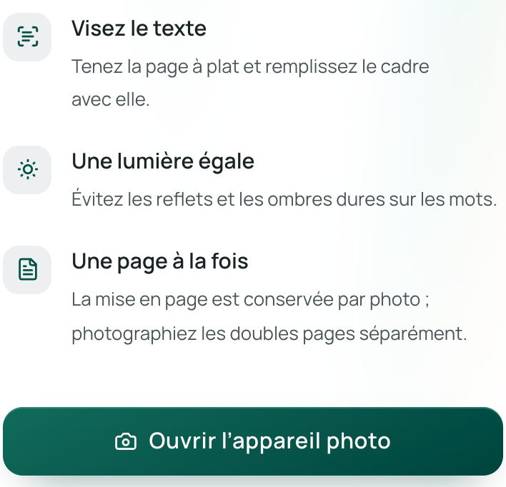 Le bouton « Ouvrir l'appareil photo » et les conseils de prise de vue sur la page mobile d'Equalang