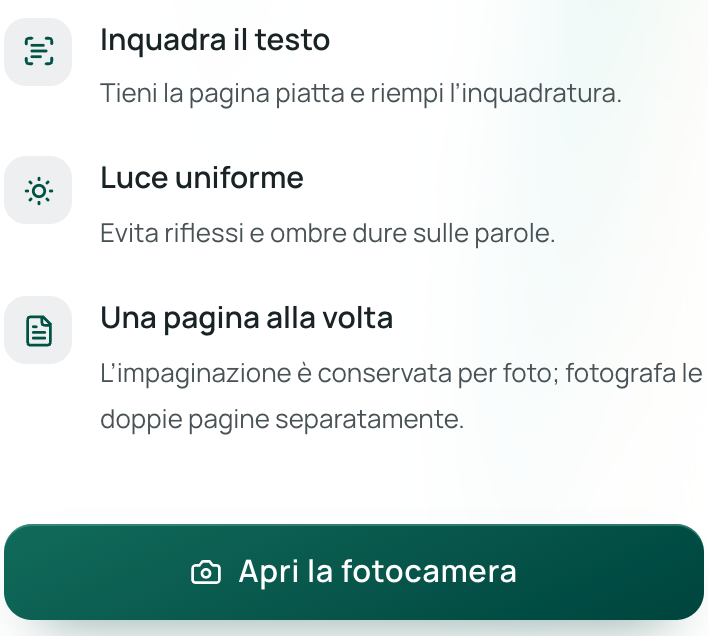 Il pulsante «Apri la fotocamera» e i consigli per lo scatto nella pagina mobile di Equalang
