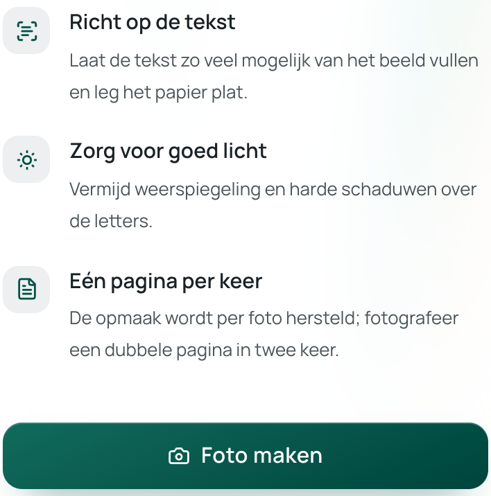 De knop Foto maken en de fototips op de mobiele pagina van Equalang