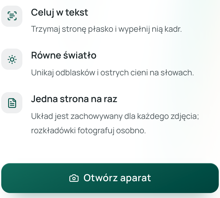 Przycisk „Otwórz aparat” i wskazówki fotograficzne na mobilnej stronie Equalang