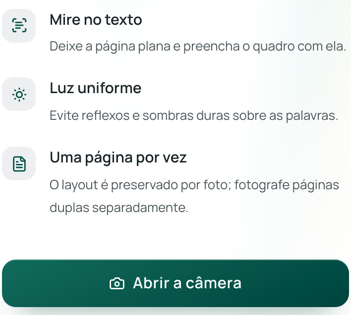 O botão “Abrir a câmera” e as dicas de foto na página móvel da Equalang