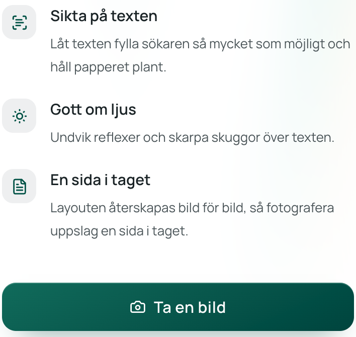 Knappen Ta en bild och fototipsen på Equalangs mobilvy