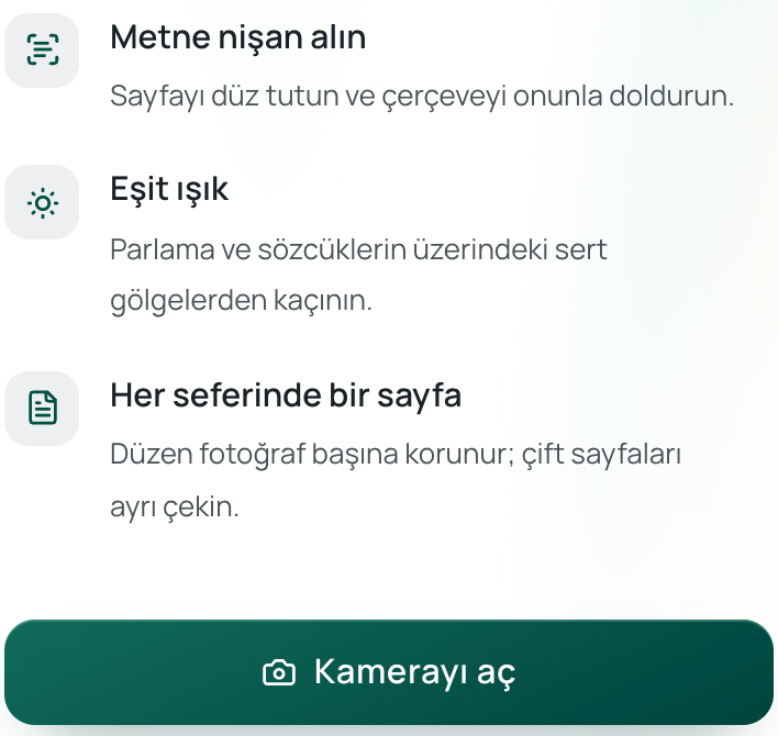 Equalang mobil sayfasındaki "Kamerayı aç" düğmesi ve çekim ipuçları