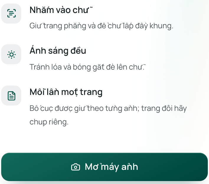 Nút “Mở máy ảnh” và các mẹo chụp trên trang dịch từ ảnh của Equalang