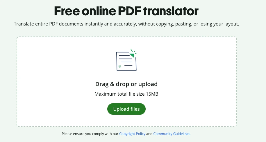 QuillBot Translate PDF public upload interface