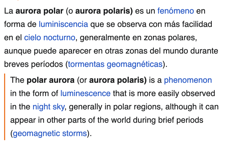 Bilingual view of the Wikipedia article on auroras