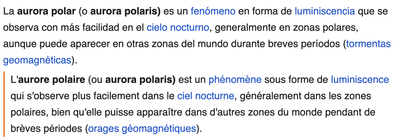 Vue bilingue de l'article Wikipédia sur les aurores