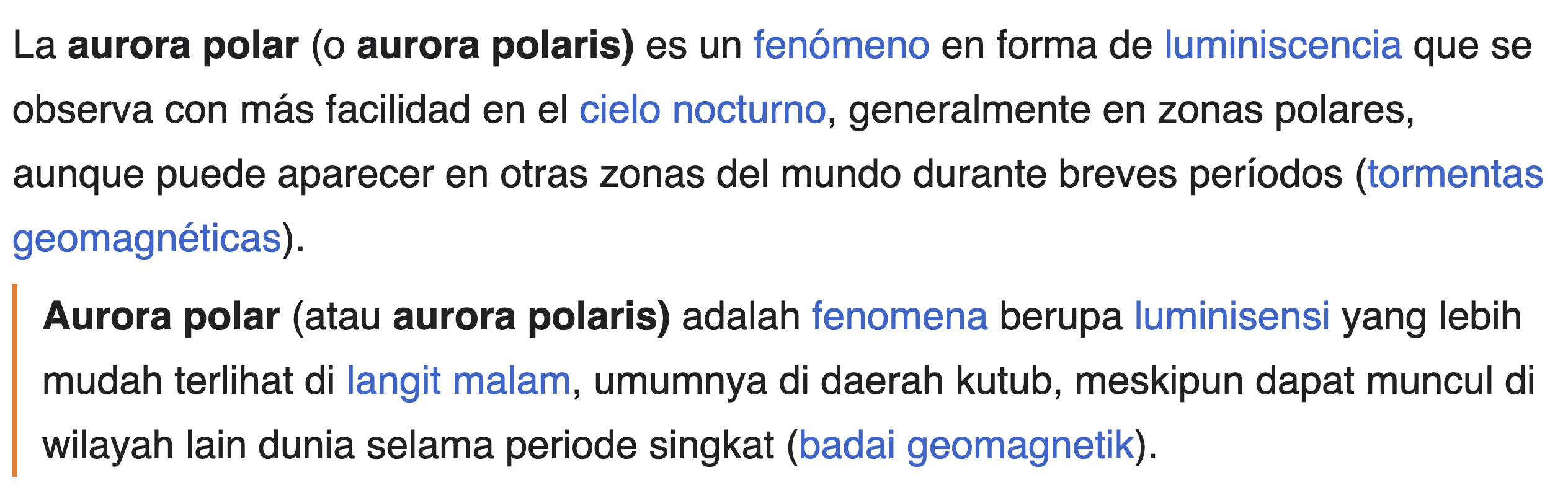 Tampilan dwibahasa artikel Wikipedia tentang aurora