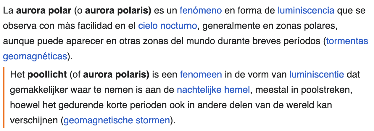 Tweetalige weergave van het Wikipedia-artikel over poollicht