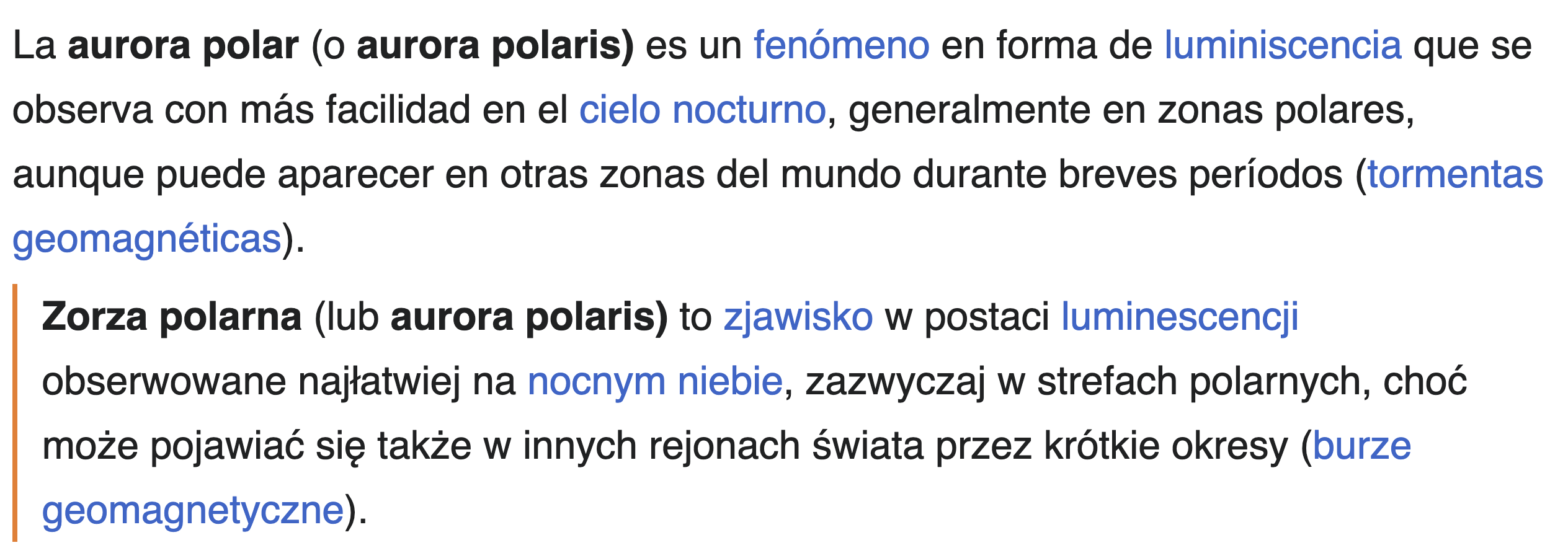 Widok dwujęzyczny artykułu o zorzy polarnej