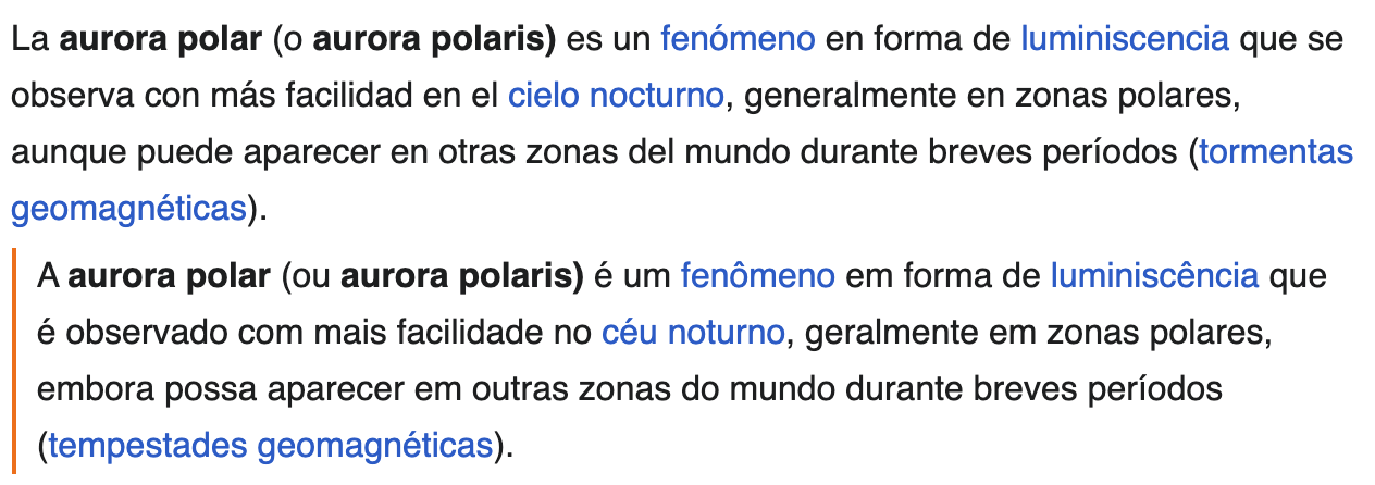 Visão bilíngue do artigo da Wikipédia sobre auroras