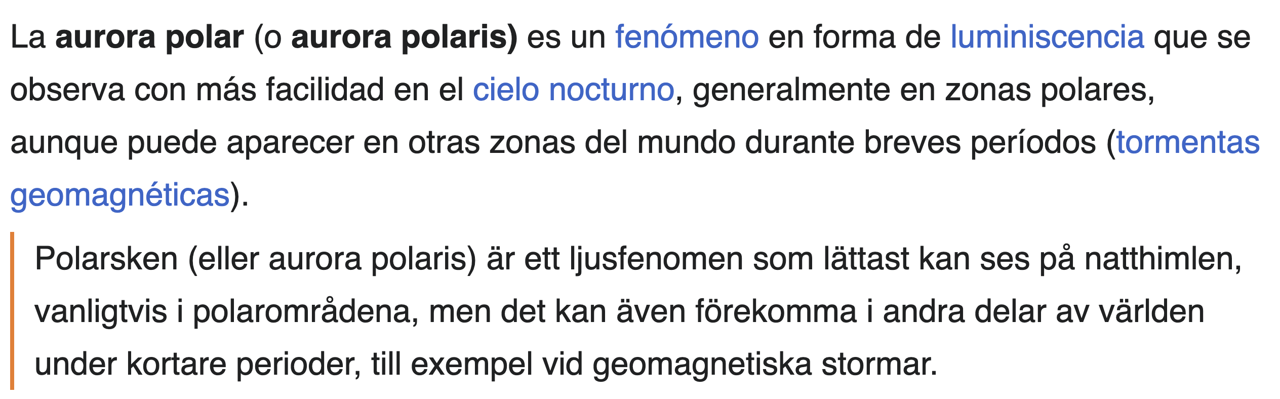 Tvåspråkig vy av Wikipediaartikeln om polarsken